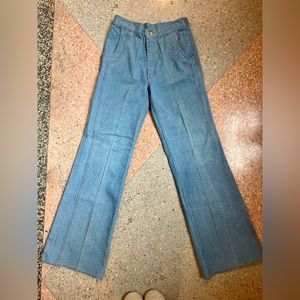 70s bell bottom blue Zeppelin jeans. Tagged waist 36 but more like 30” waist